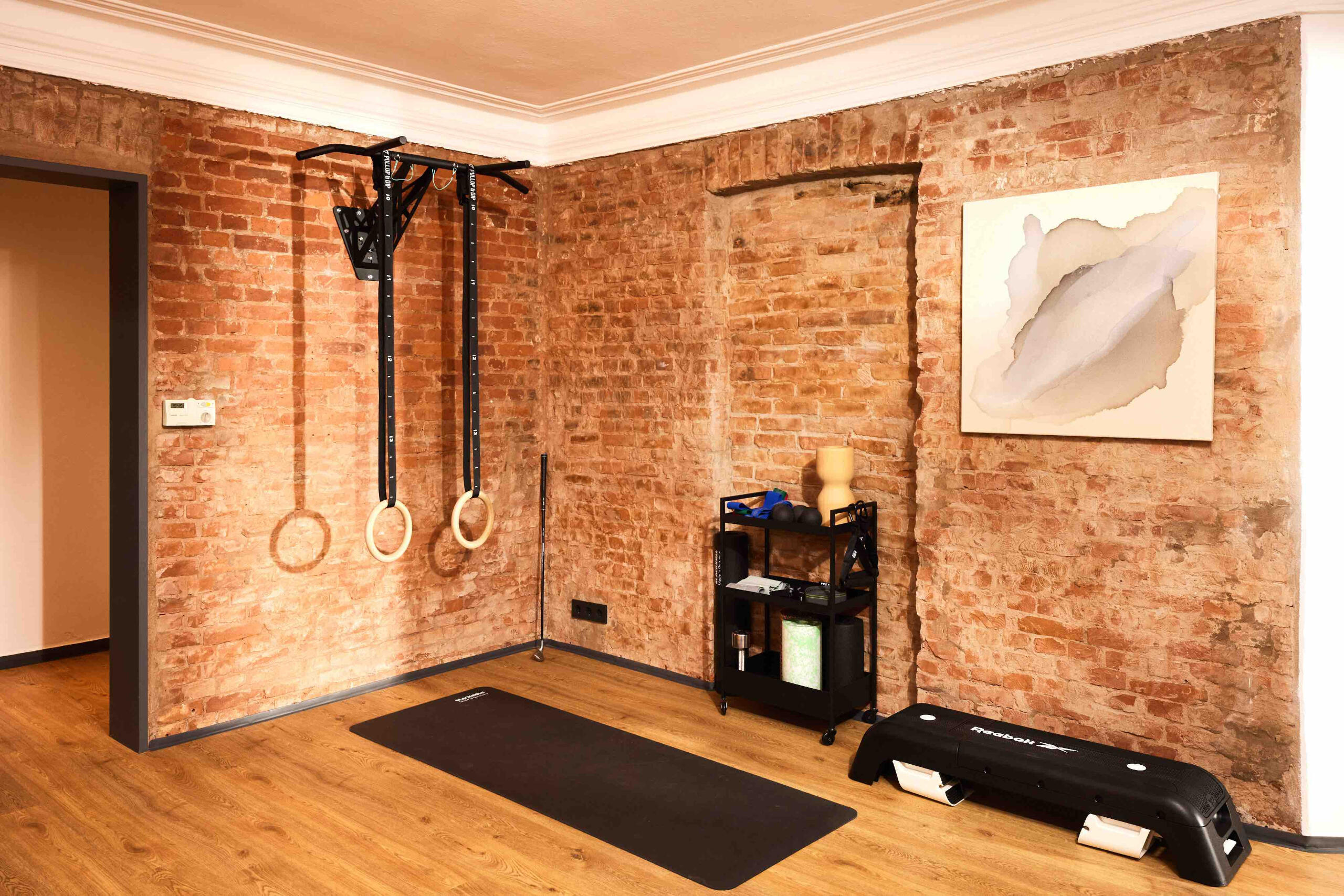 Moderner Trainingsraum für funktionelle Physiotherapie in Hamburg Dammtor – nahe Rothenbaum Trainingsbereich mit Turnringen, Matte und Stepper für funktionelle Physiotherapie im Grindelviertel Hamburg